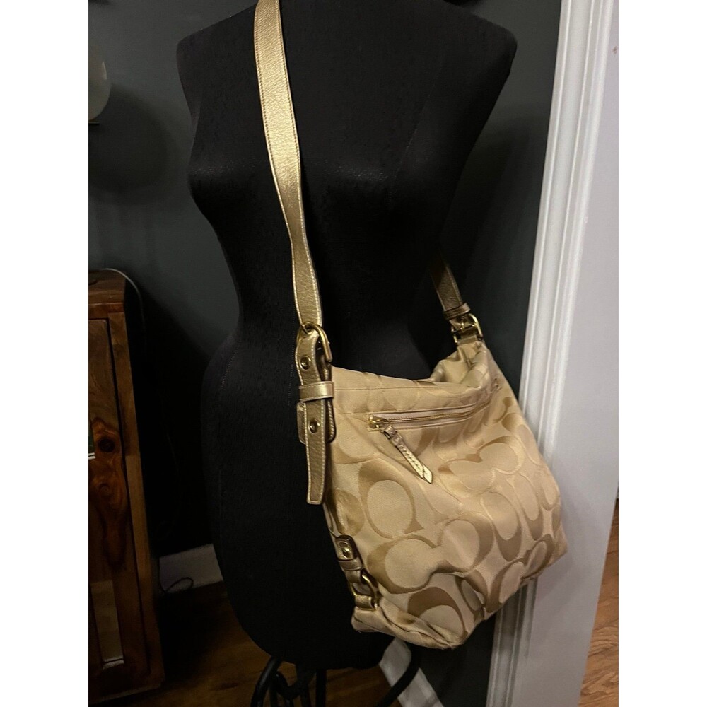 Coach Y2K Gold Beige Logo Signature large crossbody Shoulder bag Purse Hobo